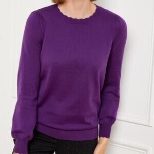 Talbots Cotton Wool Blend Purple Scallop Trim Pullover Sweater Size Large